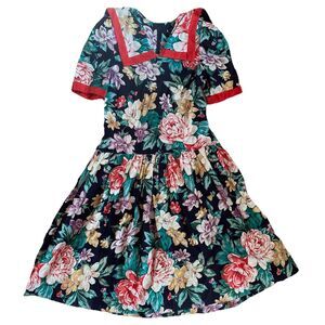 Vintage 90s David Mitchell Black Floral Dress Sailor Collar Size 11 12 Cotton